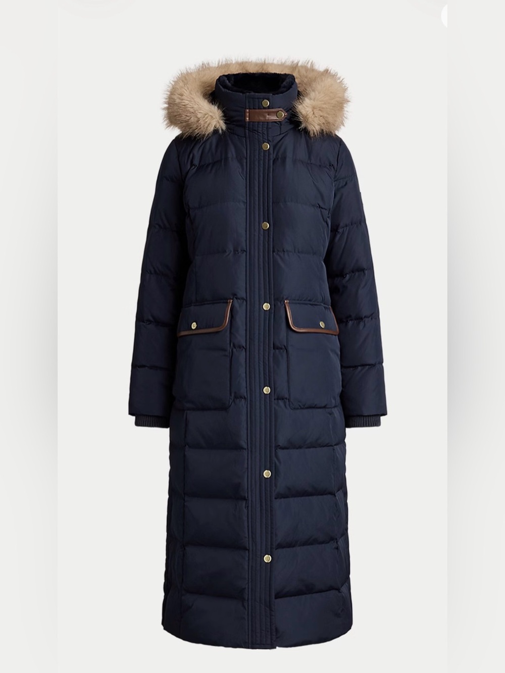 Ralph Lauren Navy Long Down Puffer Coat with Faux Fur Hood